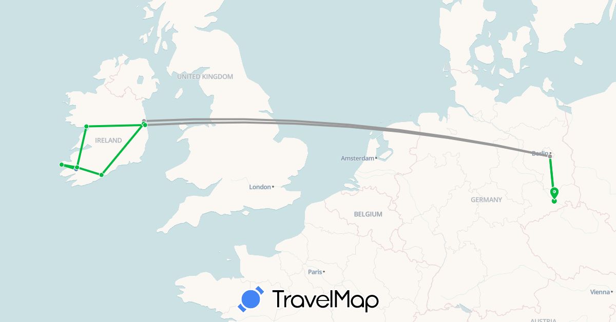 TravelMap itinerary: driving, bus, plane, cycling in Germany, Ireland (Europe)